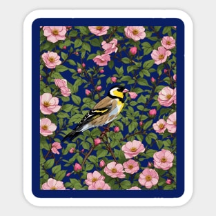 An Eastern Goldfinch Amongst Pink Colored Wild Roses Sticker